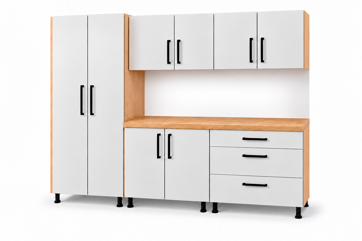 9 ft Garage Cabinet Starter Set with Solid Birch Worktop & Birch Plywood Boxes