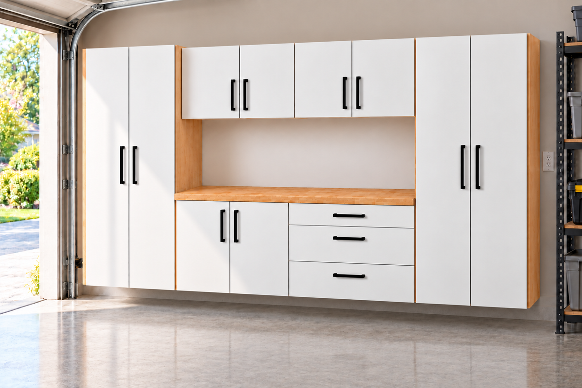 12 ft Complete Garage Cabinet Set with Solid Birch Worktop