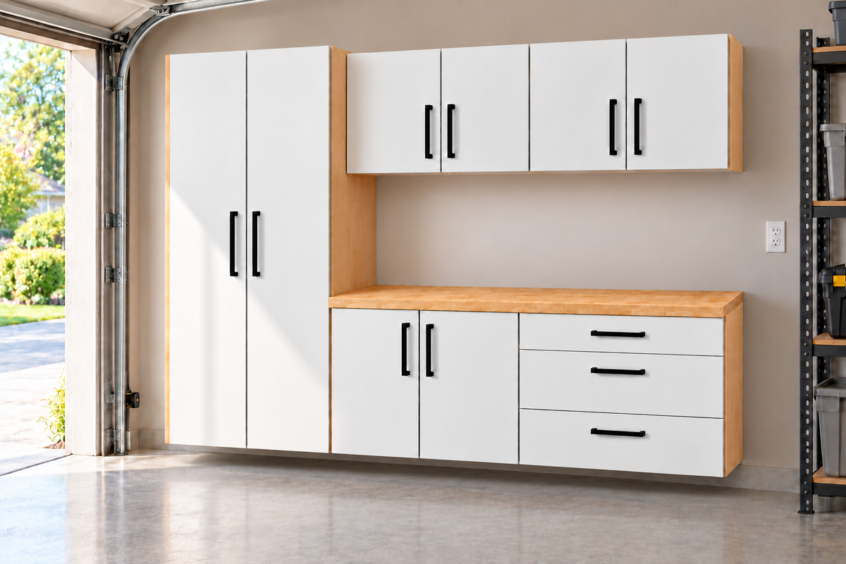 9 ft Garage Cabinet Starter Set with Solid Birch Worktop & Birch Plywood Boxes