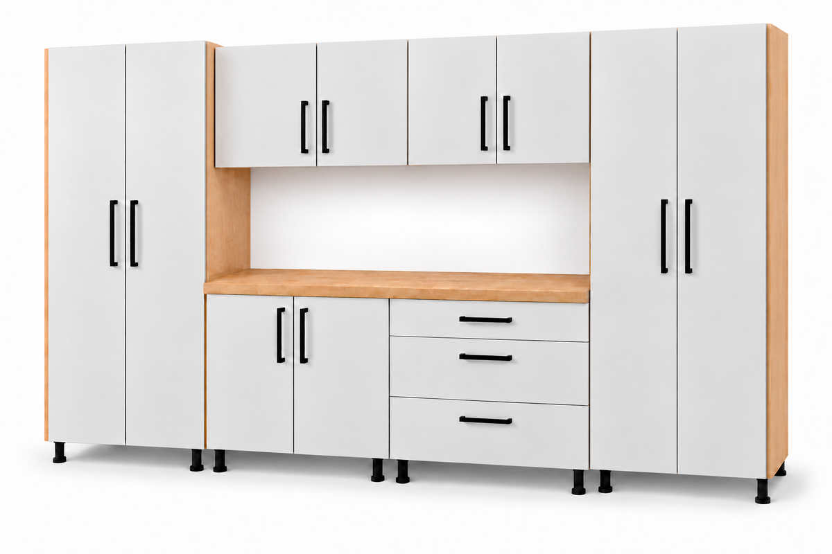 12 ft Complete Garage Cabinet Set with Solid Birch Worktop