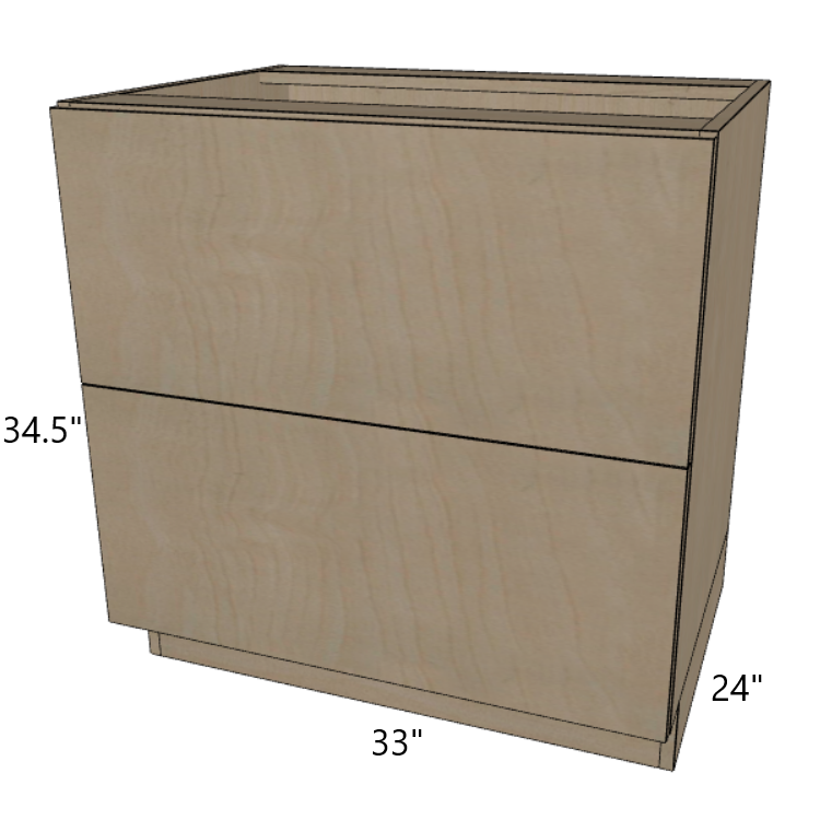 2 Drawer Base Cabinet 24"/27"/30"/33"/36" Wide.