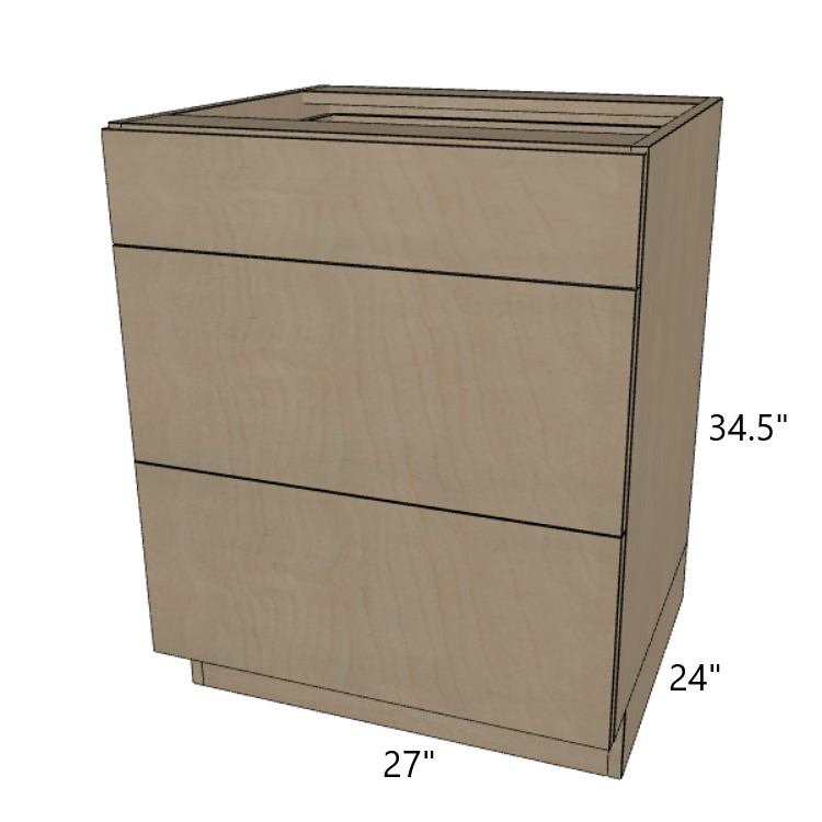 3 Drawer Base Cabinet 24"/27"/30"/33"/36" Wide.