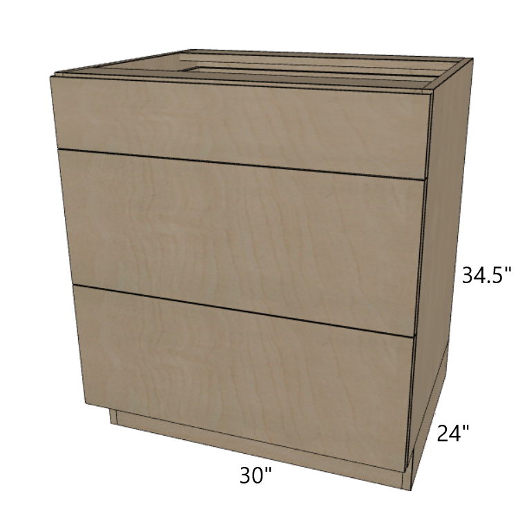 3 Drawer Base Cabinet 24"/27"/30"/33"/36" Wide.