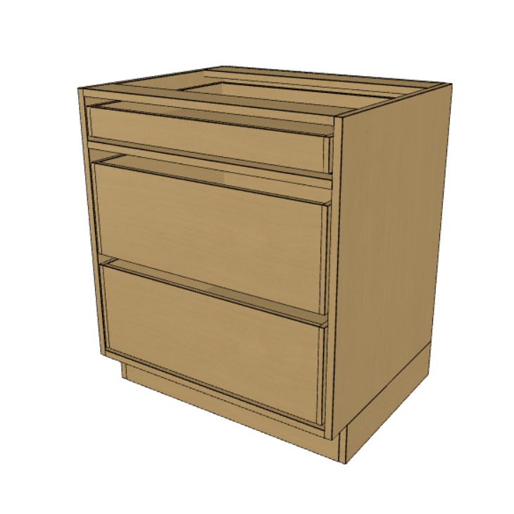 3 Drawer Base Cabinet Frame, Prefinished Birch Plywood, 24"-36" Wide/ 34.5" High/ 24" Deep.