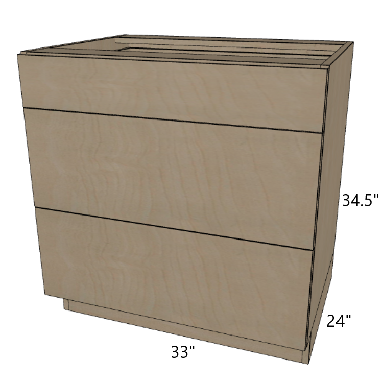 3 Drawer Base Cabinet 24"/27"/30"/33"/36" Wide.