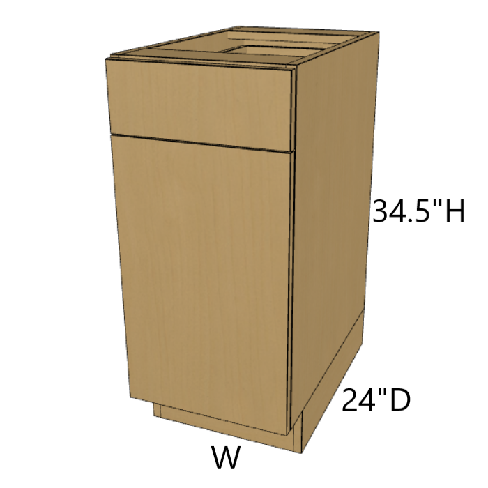 Base Kitchen Cabinet, Prefinished Birch Plywood Carcass, One Drawer, Single Door, 9"-24" Wide.