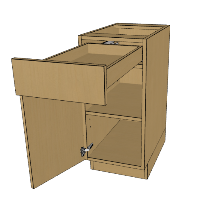 Base Kitchen Cabinet, Prefinished Birch Plywood Carcass, One Drawer, Single Door, 9"-24" Wide.