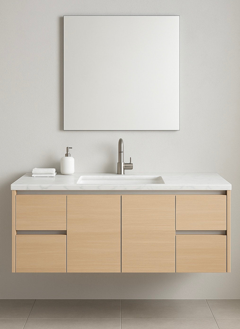 Floating Vanity, Rift Oak, Handle Free, Plywood Box, Fully Assembled, 21" High-21"Deep